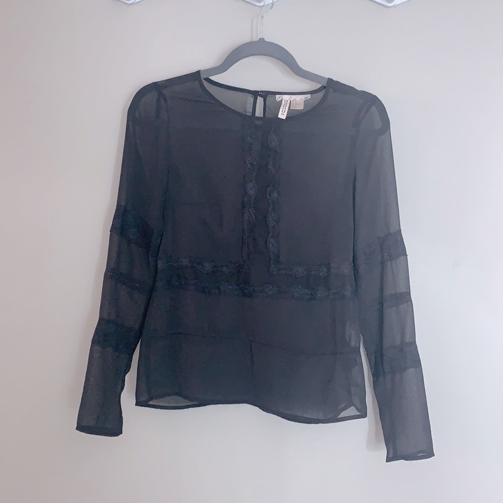 H&M Dark Gray Sheer Blouse with Lace Detail